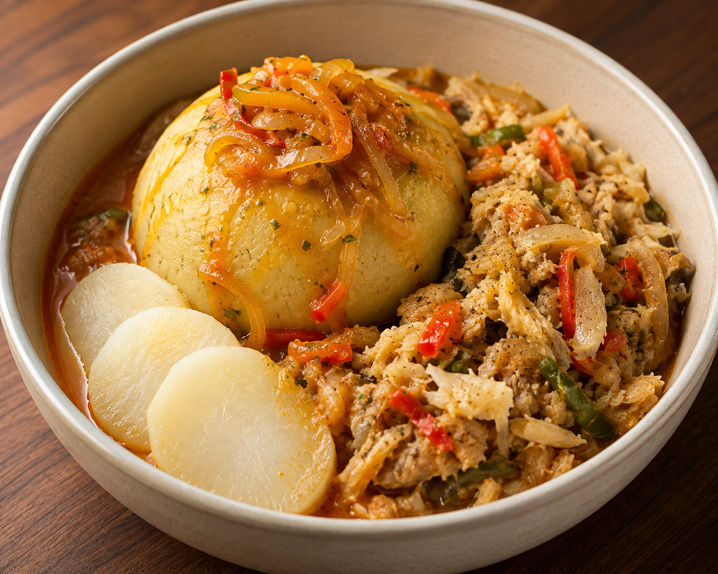 Bajan Cou-Cou and Saltfish served warm in a bowl