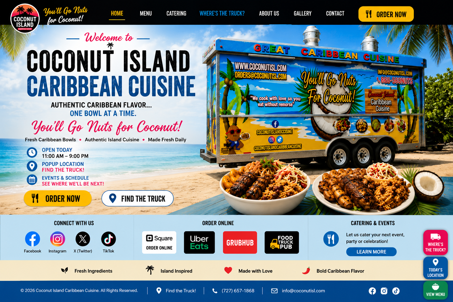 Coconut Island Caribbean Cuisine approved homepage featuring the blue food trailer, ordering options, social links, catering and Find the Truck information